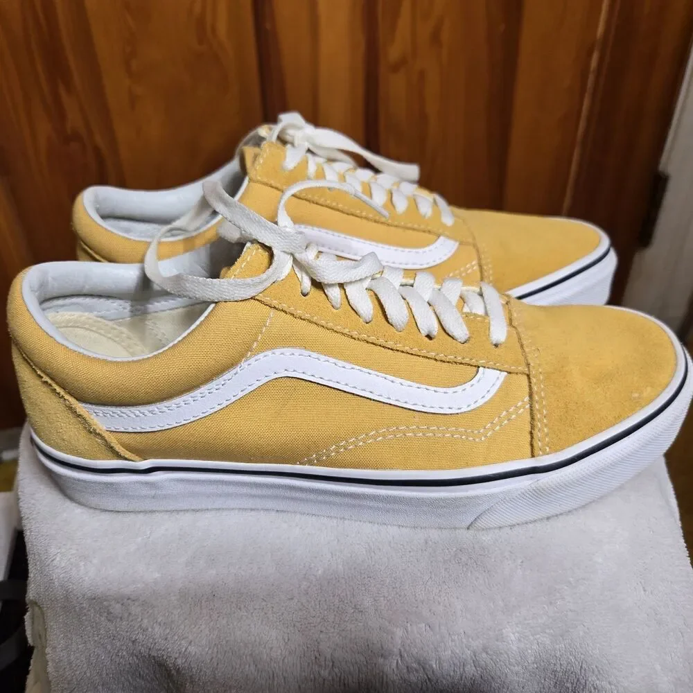 Vans Old Skool Mustard Yellow White Sneakers Men 7.5 Women 9 Shoes Suede Wear